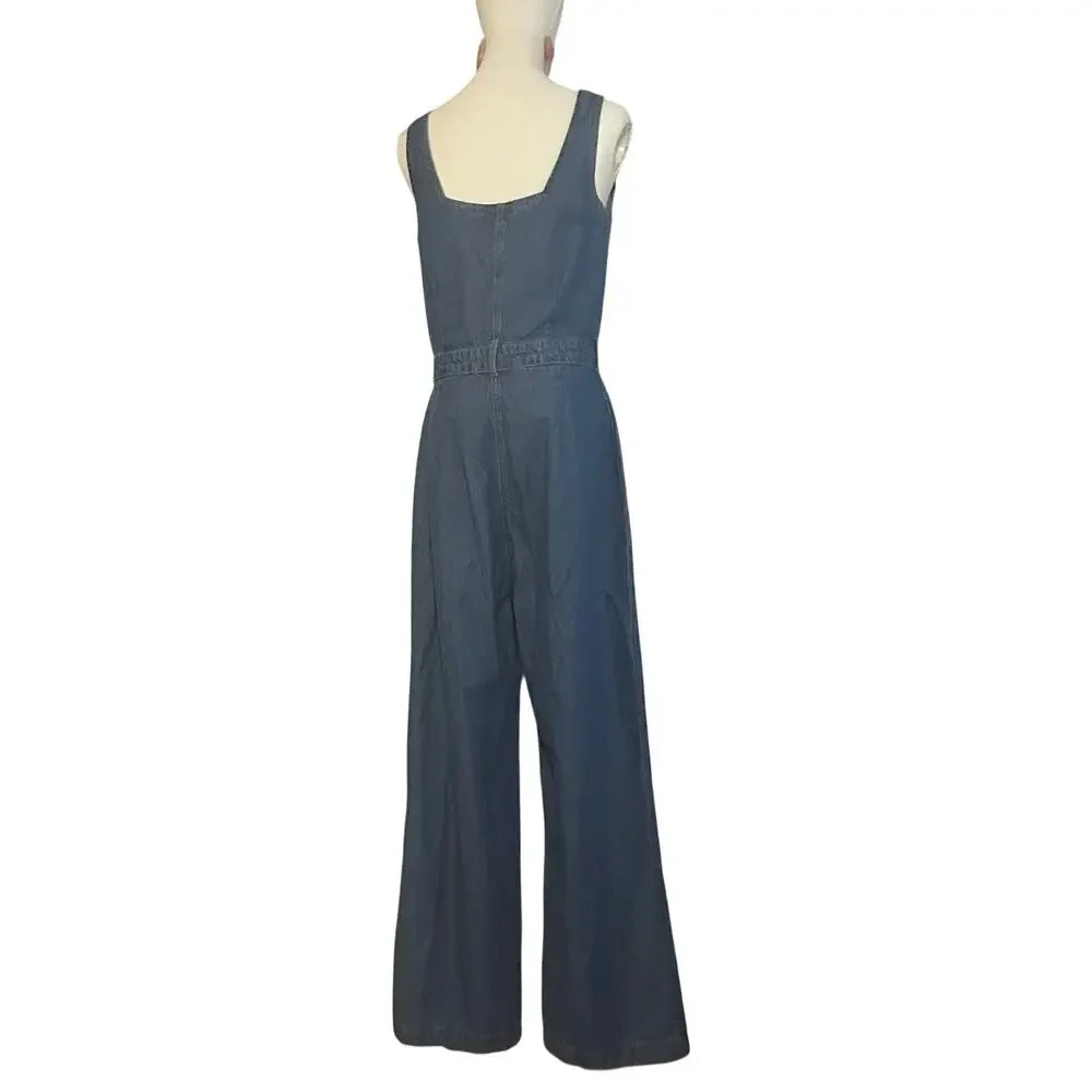 Sincerely Jules Denim Jumpsuit Blue L Wide Leg Button Front Y2K - Picture 11 of 16